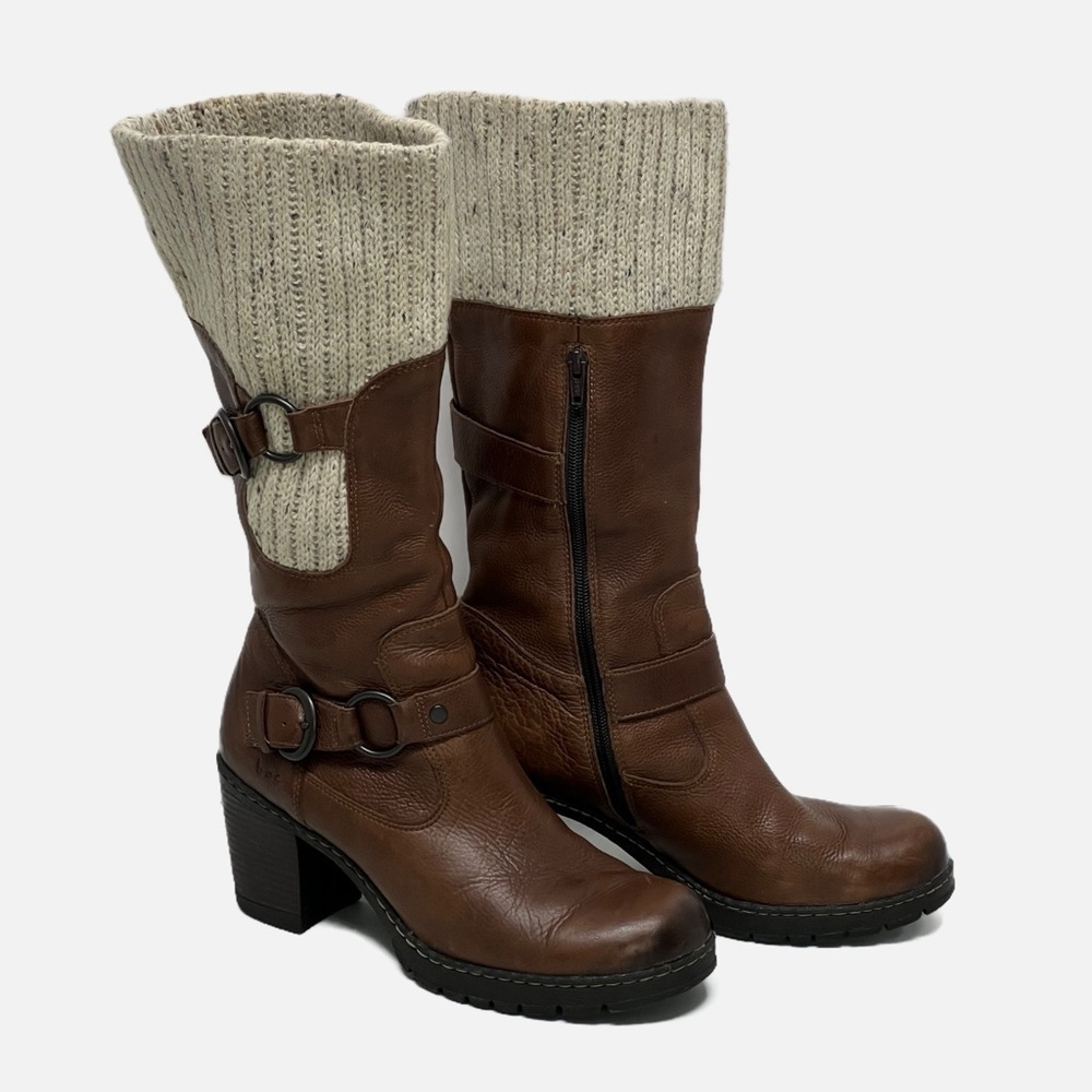 Born BOC Korah Brown Leather Women's Heeled Boots Sweater  Knit Cuff size 11